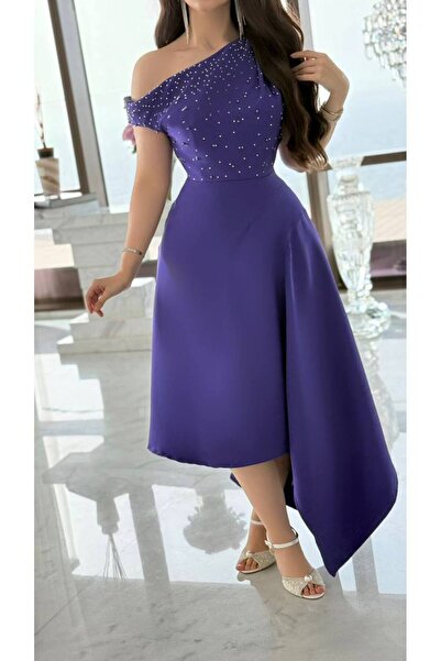 Generic Elegant purple one-shoulder dress with pearl embellishment and a luxurious modern touch