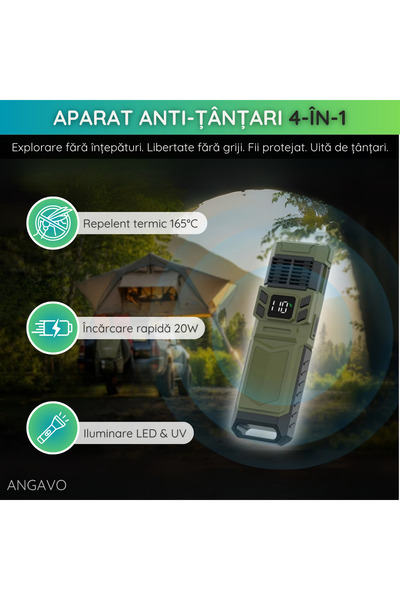 ANGAVO Aparat anti-țânțari 4-în-1 P7, lanternă LED, UV, baterie 10000mAh, IP65, verde