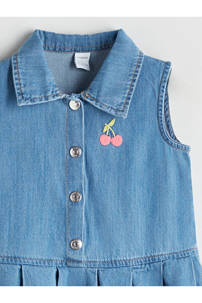 LC Waikiki Gömlek Yaka Nakışlı Kız Çocuk Jean Elbise
