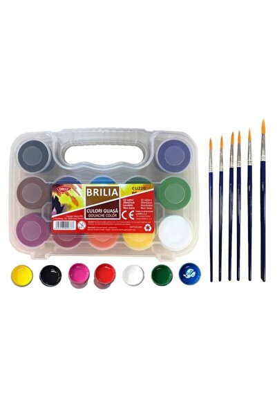 Daco Acuarele guase, Brilia Daco, 12 culori/set, 20 ml, cutie depozitare + 6 pensule FLR, pentru copii,