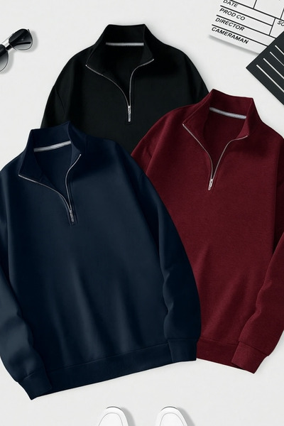 DEZZİİ 3-компонентна бордо черно тъмно синьо с прав яка и цип, едноцветна суитшърт