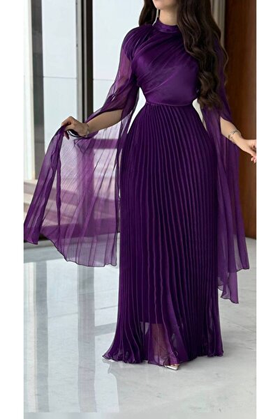Generic Royal purple pleated dress with elegant sheer design