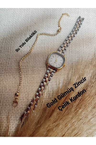 Brality Zincir Kordon Gold-Gümüş Renk Minimal Kare Rakamlı Model Kadın Kol Sa...