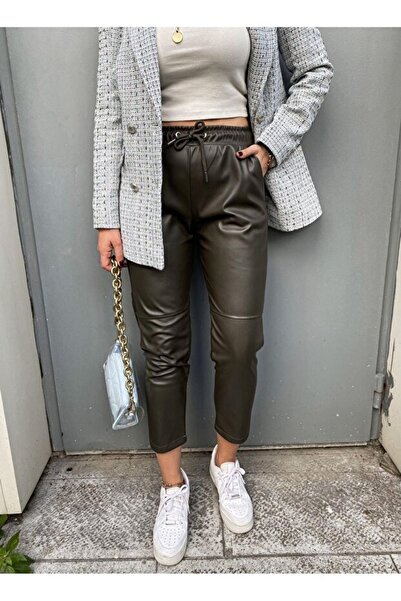 LOS FECHKA Khaki Dizi Stitched Laced and Elastic Waist Leather Pants