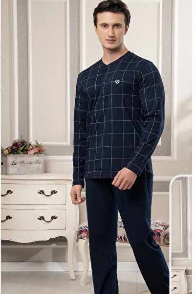 Bone Club Micro Cotton Long Sleeve Men's Pajama Set Checkered Pattern