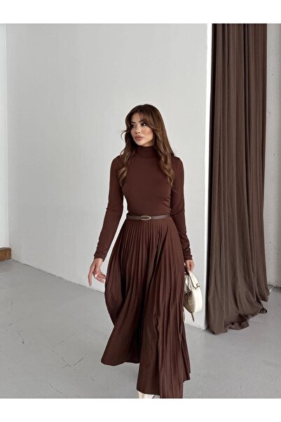 Marka Giyim Sandy Pilise Detay Kemerli Elbise