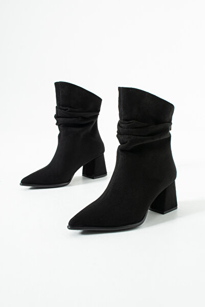 Gökçe Shoes Dalis Siyah Süet Körük Detay Arkadan Fermuarlı Kadın Topuklu Bot