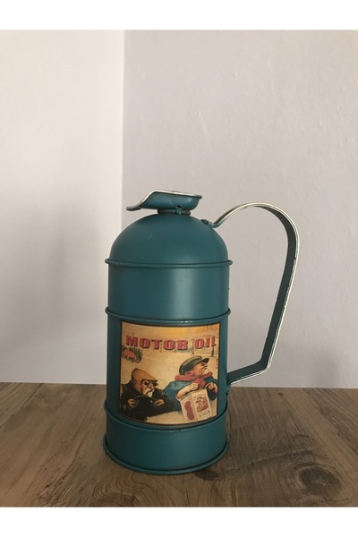 NOSTALJİM DEKORATİF METAL ESKİTME LACİVERT RENK YAKIT BİDONU KUMBARALI SİLİND...