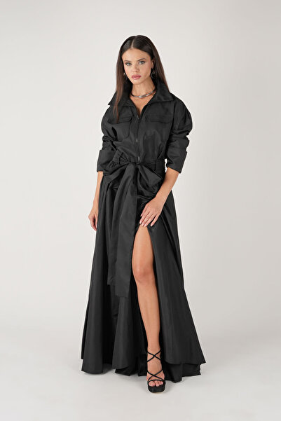 MERT ERKAN Maxi Black Taffeta Shirt Dress with Zipper Detail & Pocket Detail ...