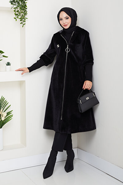 Pamuk Butik Women's Brooched Lined Ribbed Coat