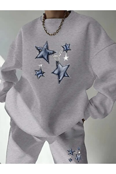 FUFLUNS Chained Star Printed Women's Oversize Crop Top Bottom Tracksuit Set