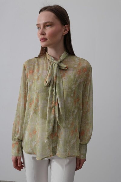 Kanonik Education Chiffon Shirt with Scarf Collar - Pistachio Green