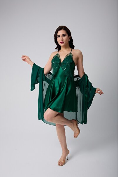 Viselya Kelebek Desenli Zümrüt Gecelik Sabahlık Takım