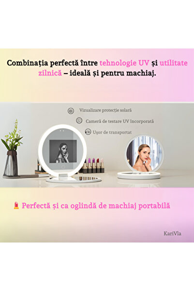 KariVla Oglinda Cosmetica Smart KariVla, Detectare UV, Baterie 1000mAh, Iluminare Reglabila, Card UV inclus,