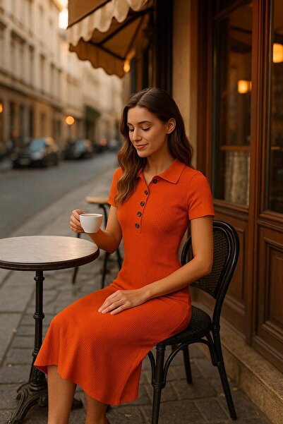 trivvy Orange Buttoned Midi Model Dress
