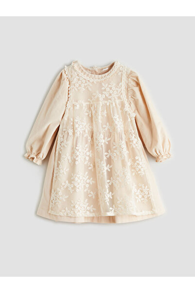 LC Waikiki Beige Crew Neck Floral Baby Girl Dress