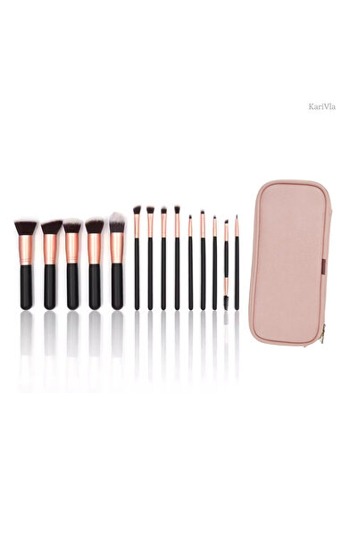 KariVla Set Pensule Machiaj Profesional 14 Piese KariVla, Etui Roz cu Fermoar...