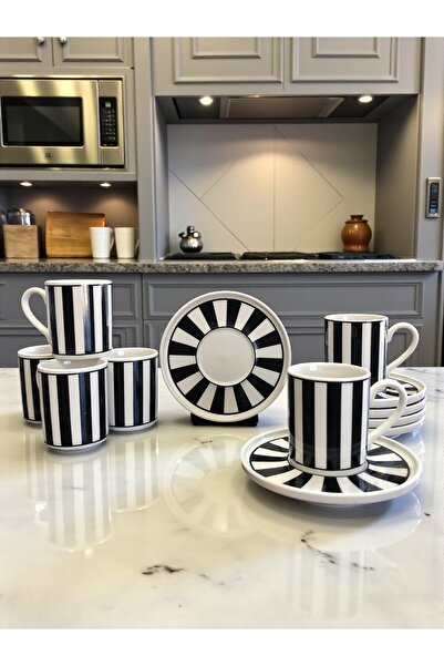 ferayhome Porselen Kahve Fincan Seti 6 Kişilik Dik Çizgili Desen - Feray Home