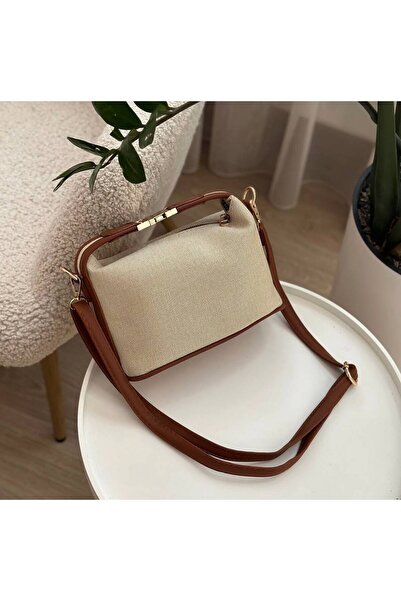 Marvelis Leves Kadın Keten Kilit Detaylı El Omuz ve Çapraz Çantası