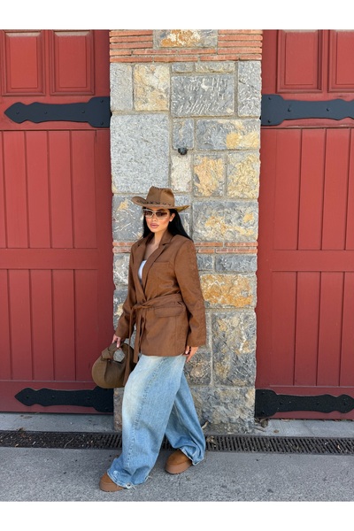 LB Laluna Butik Γυναικείο σουέτ μπουφάν με ζώνη και τσέπες