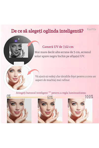 KariVla Oglinda Cosmetica Smart KariVla, Detectare UV, Baterie 1000mAh, Iluminare Reglabila, Card UV inclus,