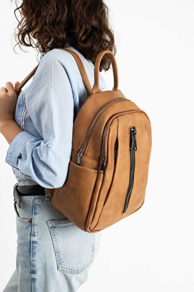 Çanta Trend Women's Tan Backpack 8 Compartments Very Useful Bag