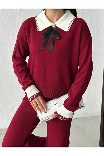Lusin Women's Burgundy Stylish Collar Detailed Sweater Pants Bottom Top Two-Piece Knitwear Set