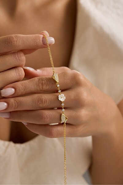 Nereze 925 Ayar Gümüş Gold Kaplama Çift Kelebekli Manolya Çiçeği Bileklik