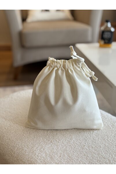 MEKİK BUTİK Ekru Keten Mini Bez Kese - Büzgülü Çanta İçi Düzenleyici - Makyaj Çantası - 20x20 -bez poşet