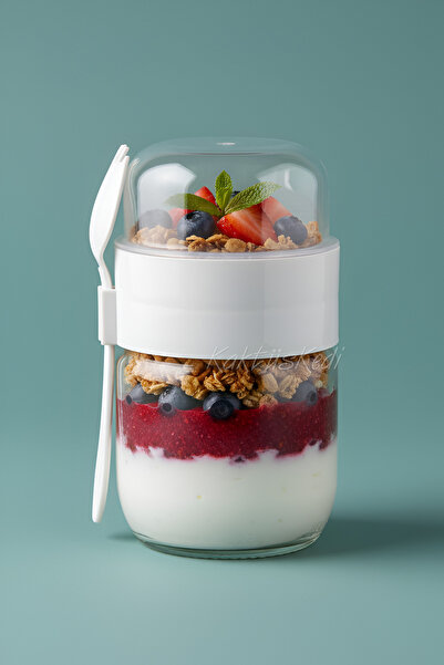 KaktüsKedi وعاء زجاجي للزبادي والفواكه مع شوكة وملعقة - حاوية لحمل وتخزين الطعام - كوب للوجبات سعة 625 مل