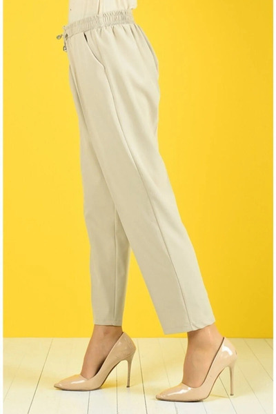 AYHAN AYDIN Women's Stone Beige Elastic Waist Ankle Length Double Fabric Trousers