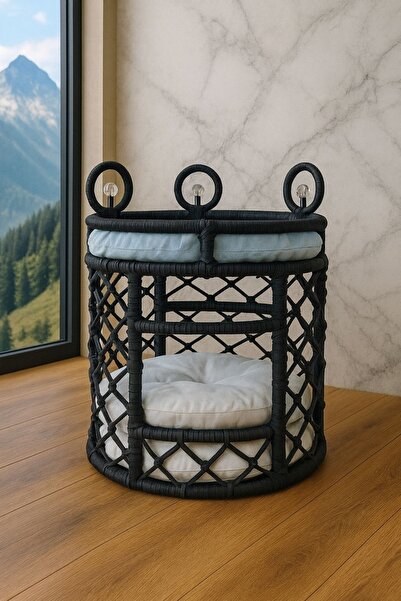 AboutThePerfect Kristal Taşlı Siyah Yüksekli Kedi Yatağı ve Ranzası