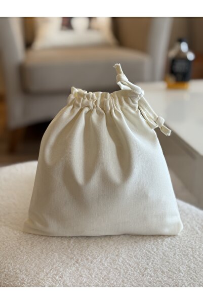 MEKİK BUTİK Ekru Keten Mini Bez Kese - Büzgülü Çanta İçi Düzenleyici - Makyaj Çantası - 20x20 -bez poşet