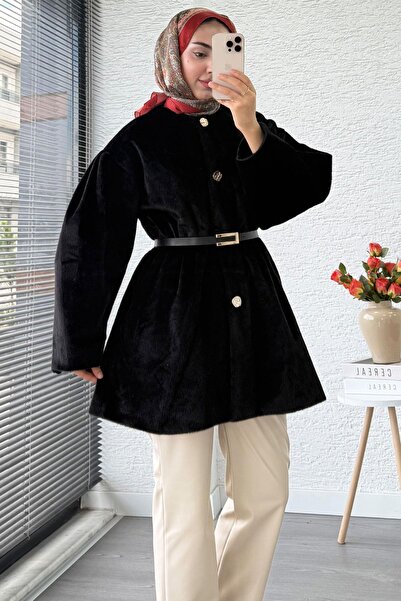 MELEK ARAZ Premium Tay Feather Gold Button Short Coat - Black