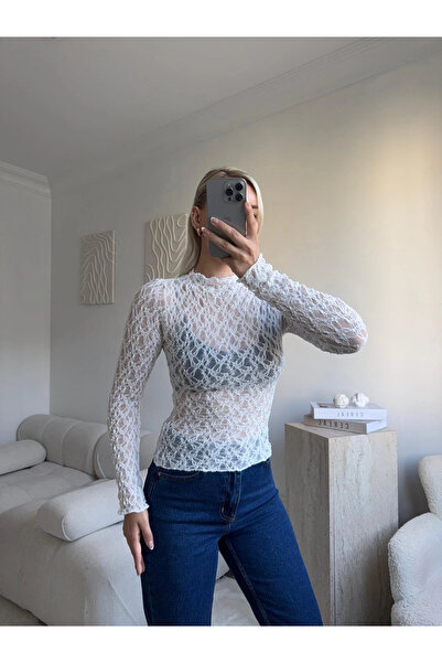 Zora Butik Transparan Dantel Bluz - BEYAZ