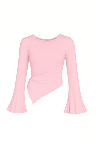 Wild Flower Açık Pembe Yuvarlak yaka Drape Detaylı İspanyol Kol Tesettür Uyumlu Üst Bluz