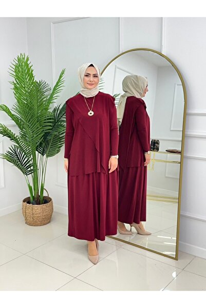 Enans Design Double Nil Hijab Set with Pleated Wide-Leg Pants and Slit Tunics