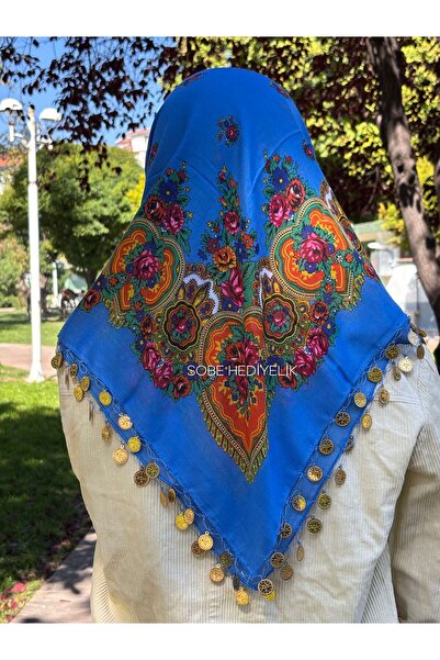 Sobe Hediyelik Mardin Yazması Mavi Zeminde Çiçek Desenli Pullu Başörtüsü – Gü...