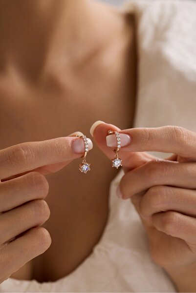 Nereze 925 Ayar Gümüş Rose Kaplama Tektaş Sallantılı Yarım Tur Küpe