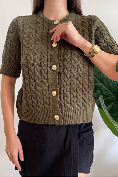 Nazline Women's Hair Braided Crew Neck Buttoned Short Sleeve Knitwear Cardigan