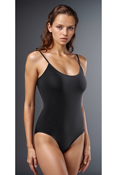 Alissa Women's Cotton Lycra Combed Cotton Thin Strap Black 2-Piece Snap Body