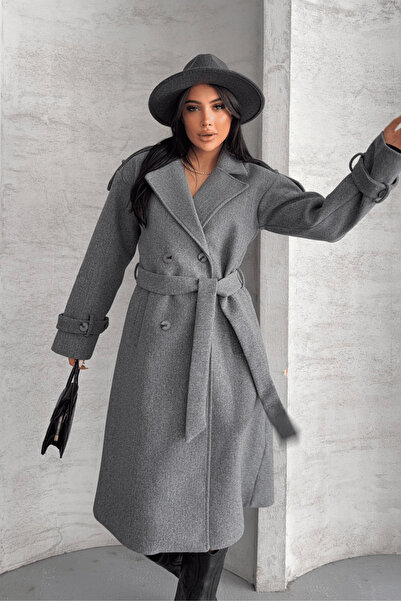 BEYBOS Imported Cashmere Fabric Long Coat - Gray