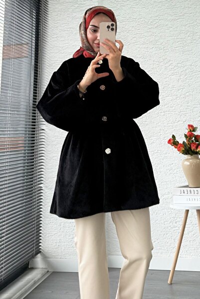 MELEK ARAZ Premium Tay Feather Gold Button Short Coat - Black