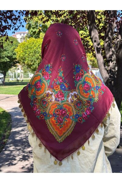Sobe Hediyelik Mardin Calligraphy Sequin Headscarf with Floral Pattern on Burgundy Background – 100X100 cm