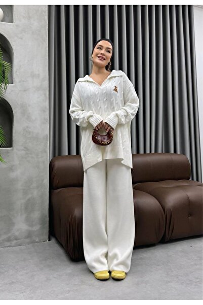 Cardella Polo Neck Teddy Bear Embroidered Knitwear Double Set |   Hijab-Friendly Pantsuit