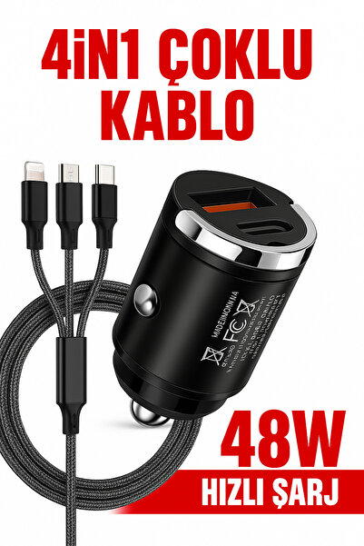 Tech&bello accessories 48W 1x Usb 1x Type-c Araç Hızlı Şarjı Çakmaklık Girişli Kablolu Set.