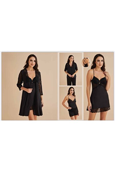 Alissa Women's Black Nightgown & Dressing Gown & Shorts Set & Pajama Set 6-Piece Satin Bridal Dowry Set