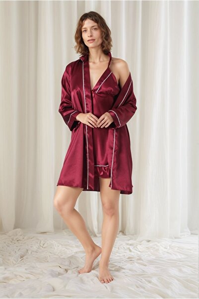 Alissa Women's Burgundy Satin Bridal 6-Piece Dowry Set Dressing Gown & Nightg...
