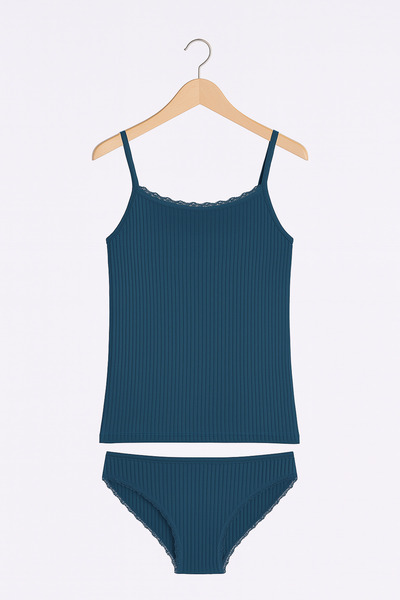 Alissa Women's Petrol Viscose Lycra Soft Fabric String Strap Tank Top & Slip Panties Set