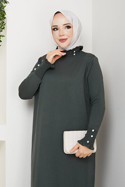 Pamuk Butik Γυναικείο Πλεκτό Φόρεμα Χακί με Πέτρινη Λεπτομέρεια και Βολάν